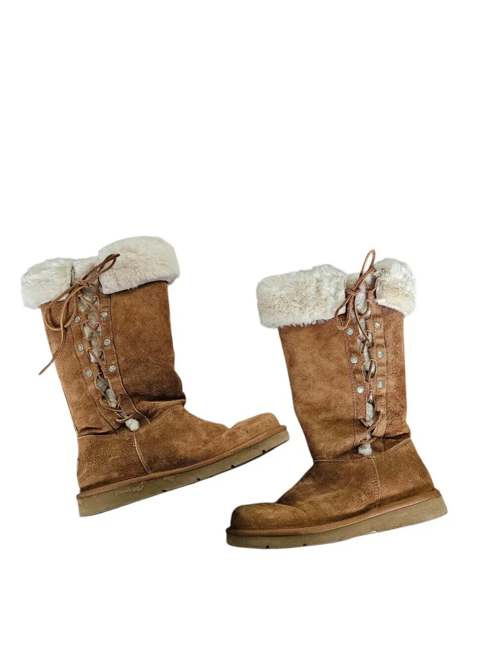UGG Chestnut Suede Lace-Up Fur Cuff Mid-Calf Boots Size 8